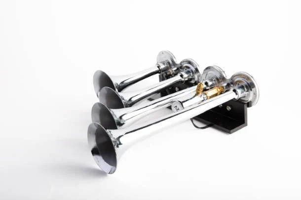 Viking Horns V003A chrome four-trumpet air horn on its black mounting base with brass solenoid fitting