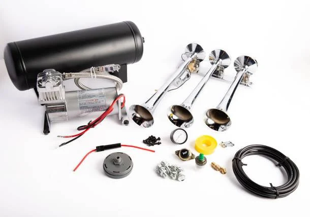 Viking Horns V101C-3/1007 kit laid out: compressor mounted beside the 1.5-gallon tank, three chrome trumpets, 240 PSI gauge, pressure switch, horn button, fittings and air line
