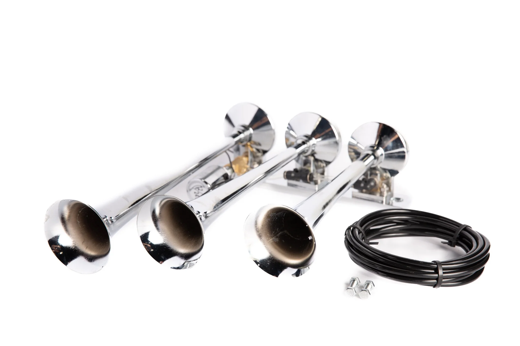 Viking Horns V1007 chrome three-trumpet air horn with graduated trumpets, solenoid valve, mounting bolts and coiled air line