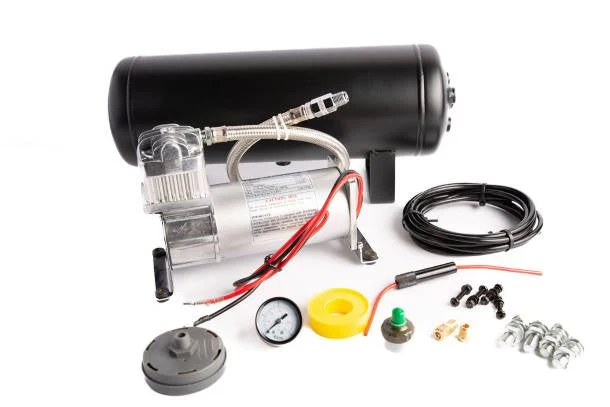 Viking Horns V101C/1003ATK air kit: 150 PSI compressor with braided leader hose beside the 1.5-gallon black tank, with gauge, pressure switch, horn button, fittings and mounting bolts