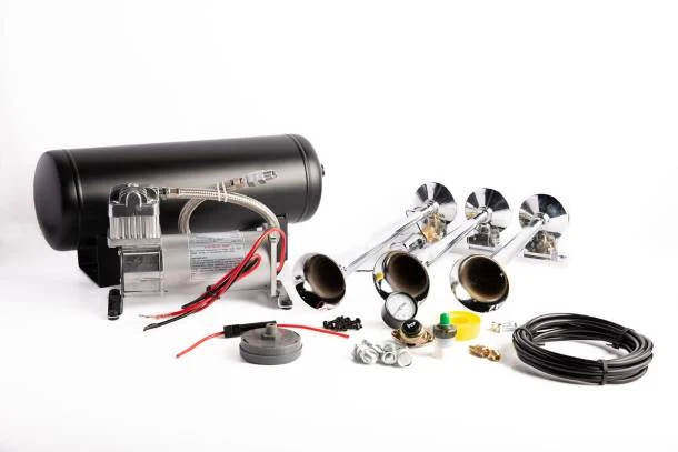 Viking Horns V101C-3/1007 kit overview: black 1.5-gallon tank with 150 PSI compressor, three chrome trumpets, gauge, pressure switch, horn button, hardware and air line