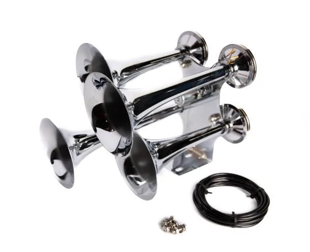 Viking Horns V310 chrome four-trumpet train horn assembly with air line and mounting bolts