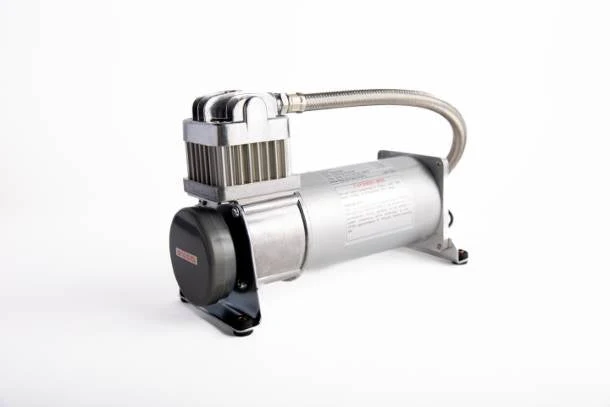 Viking Horns V101C 12-volt 150 PSI air compressor with braided leader hose, the compressor supplied in the V101C-5/310 kit