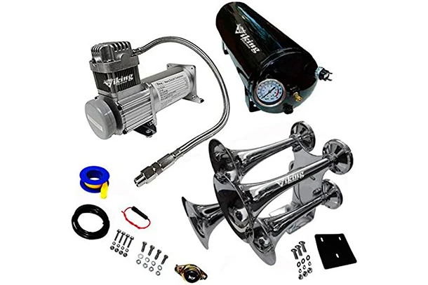 Viking Horns V101C-5/310 kit overview: 150 PSI compressor, 3-gallon tank with gauge, four chrome trumpets and hardware