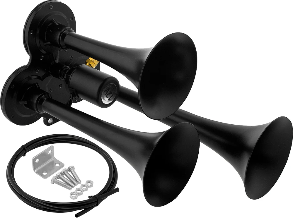 Vixen Horns VXH3311B black triple trumpet train air horn with included hose, bracket and mounting hardware