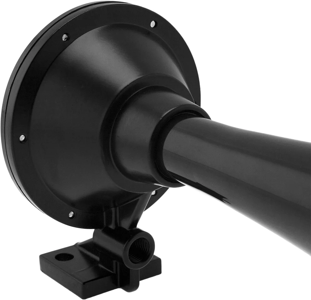 Close-up of a VXH5901B trumpet's metal air chamber, bolted base plate and swivel mounting foot with 1/4-inch NPT air inlet