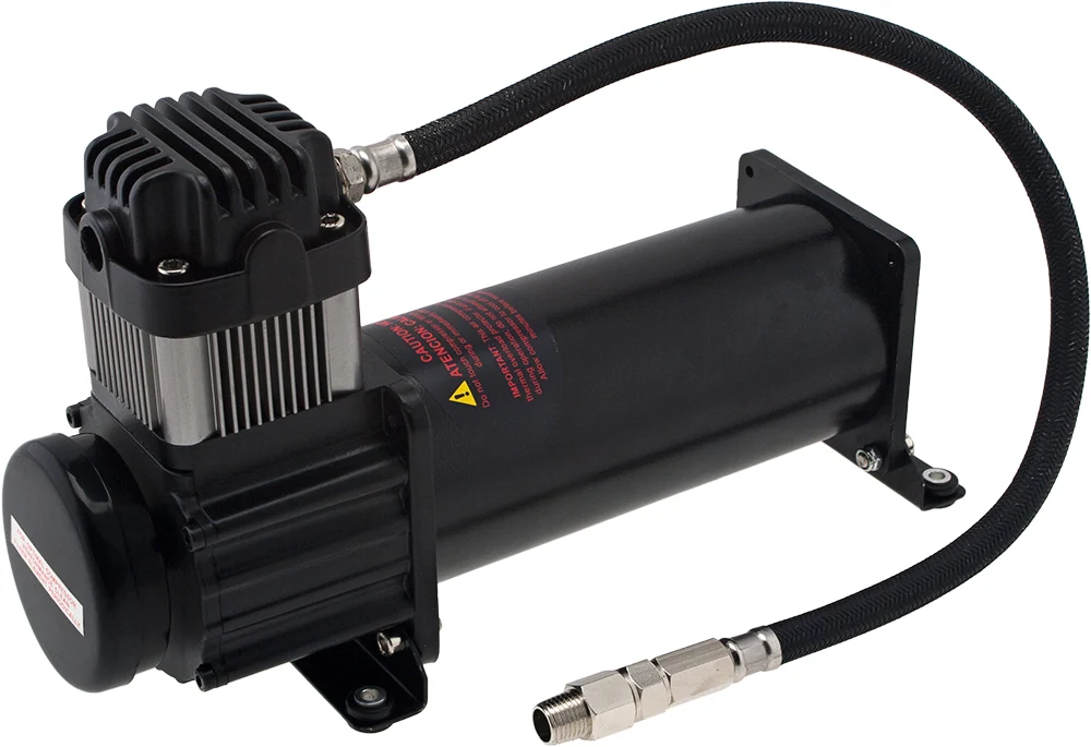 Vixen 200 PSI black 12V air compressor with finned cylinder head, mounting feet and braided stainless leader hose