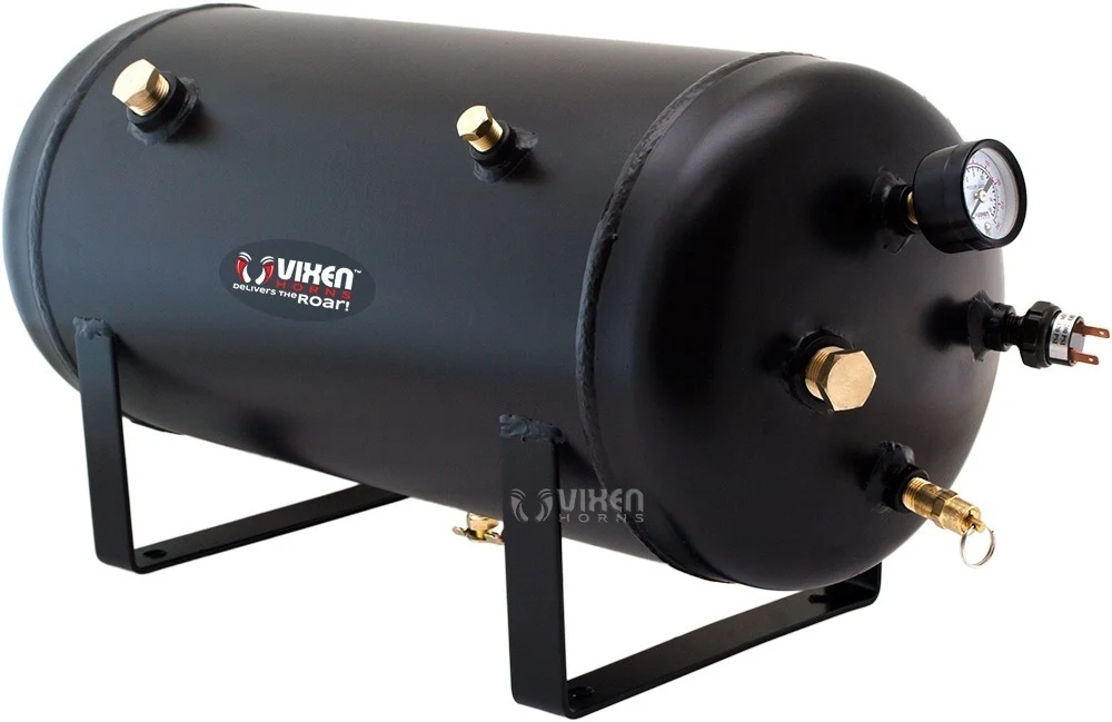 Vixen 5-gallon black steel air tank on mounting feet with pressure gauge, pressure switch and wing-style drain valve installed