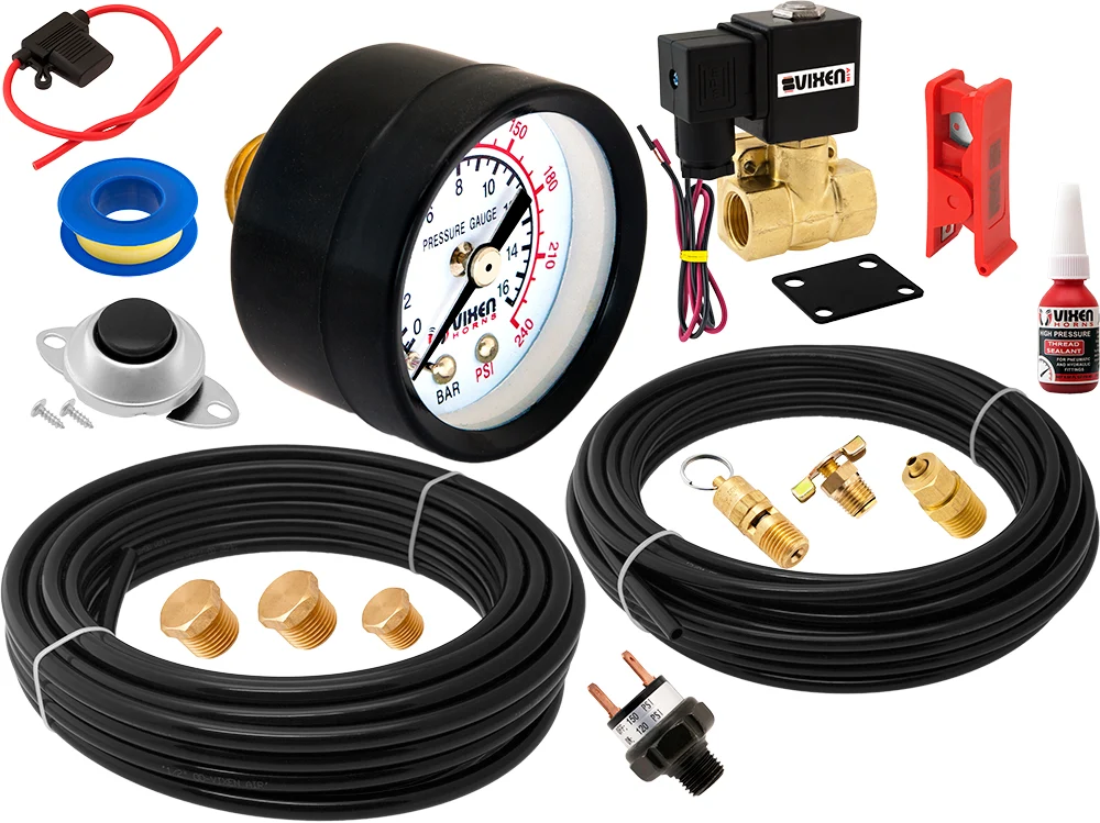 Kit accessories: 240 PSI gauge, 12V brass solenoid valve, coiled nylon air hose, inline fuse, thread tape, horn button, pressure switch, drain and safety valves