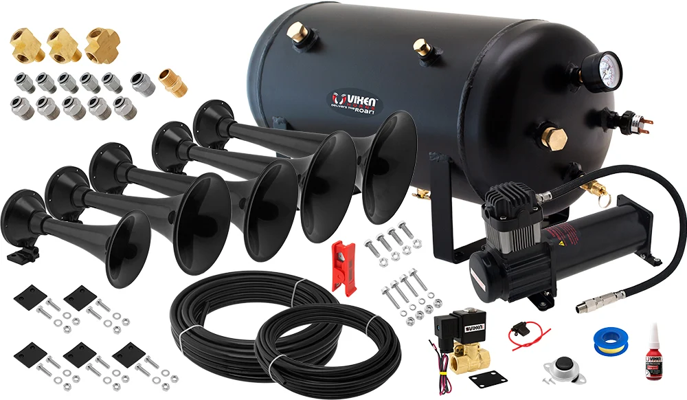Vixen Horns VXO8350B/5901B complete kit: five black trumpets, 5-gallon tank, 200 PSI compressor, solenoid valve, hoses and fittings