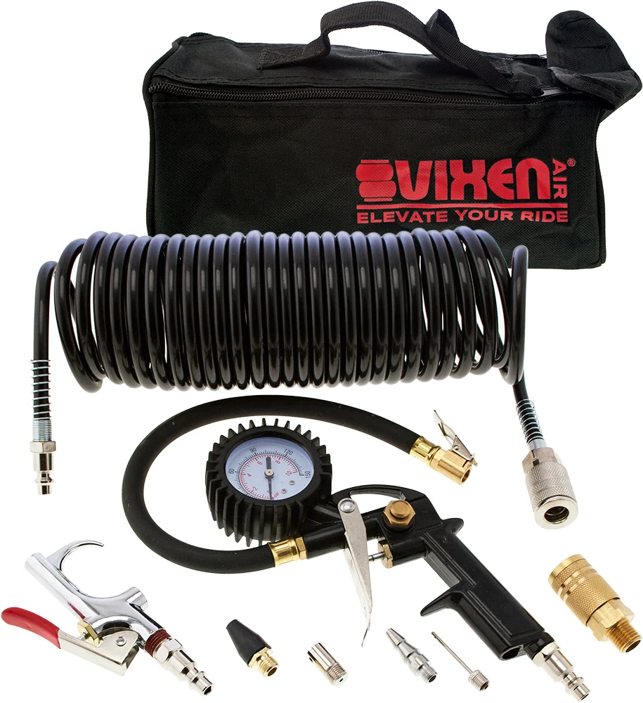 VXO8358CI tire inflation kit — inflator gun with gauge, 35 ft coil hose, blow gun, nozzles and carry bag
