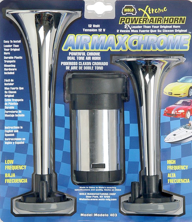 Wolo 403 Air Max Chrome dual-trumpet air horn kit with compact chrome compressor