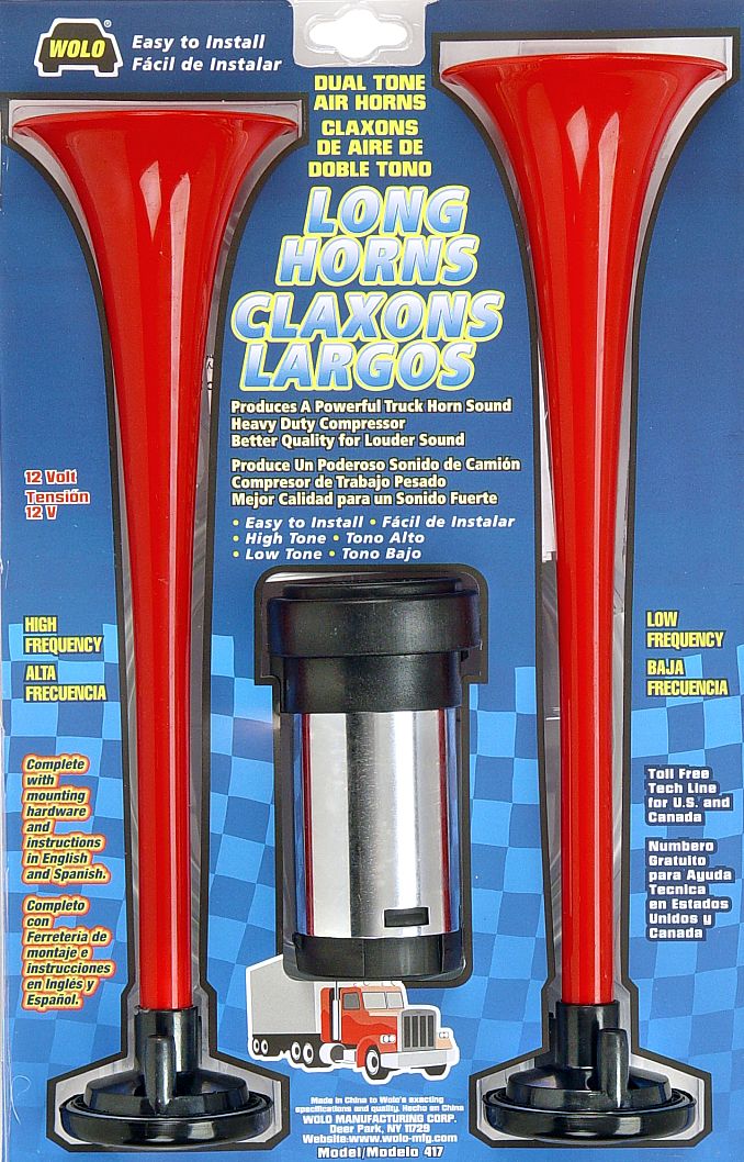 Wolo 417 Long Horns retail kit — two red trumpets and chrome 12-volt compressor