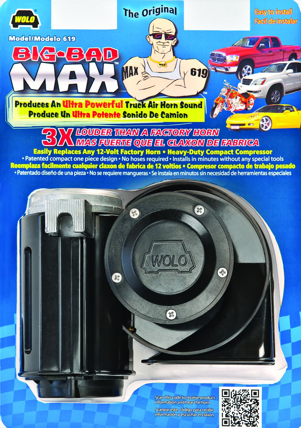 Wolo Model 619 Big Bad Max retail packaging showing the horn and 12-volt vehicle applications