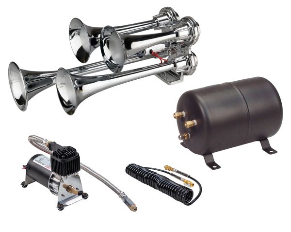 Wolo Philly Express PRO 853-800 four-trumpet chrome train horn system with 2.5-gallon tank and compressor