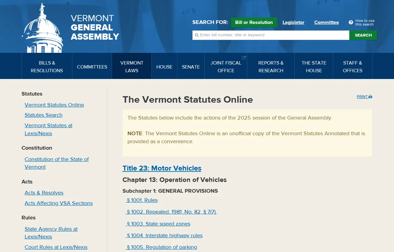 Screenshot of the official statute page at legislature.vermont.gov